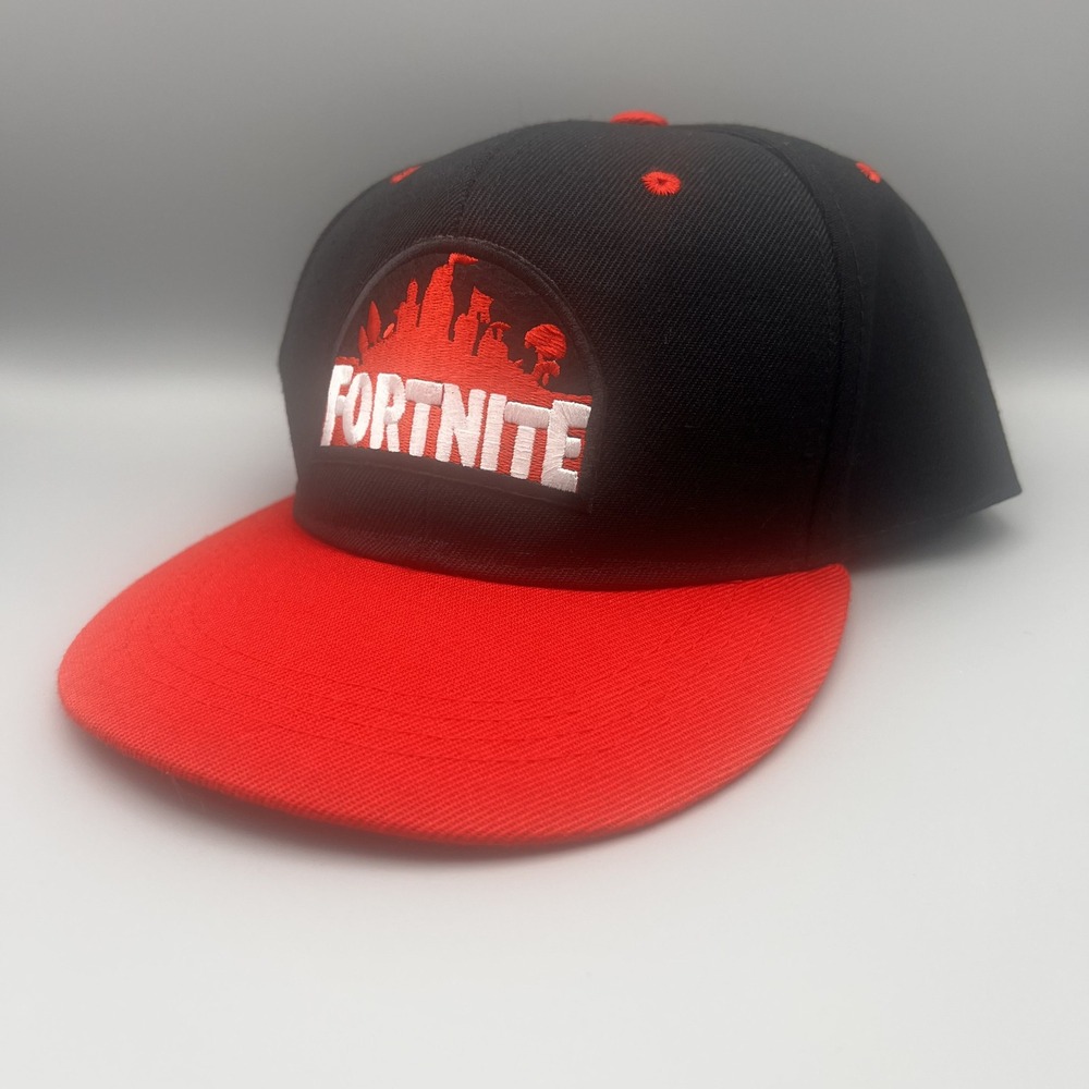 Fortnite Snapback Hat Black Red Skyline Embroidered Flat Brim Cap Adjustable
